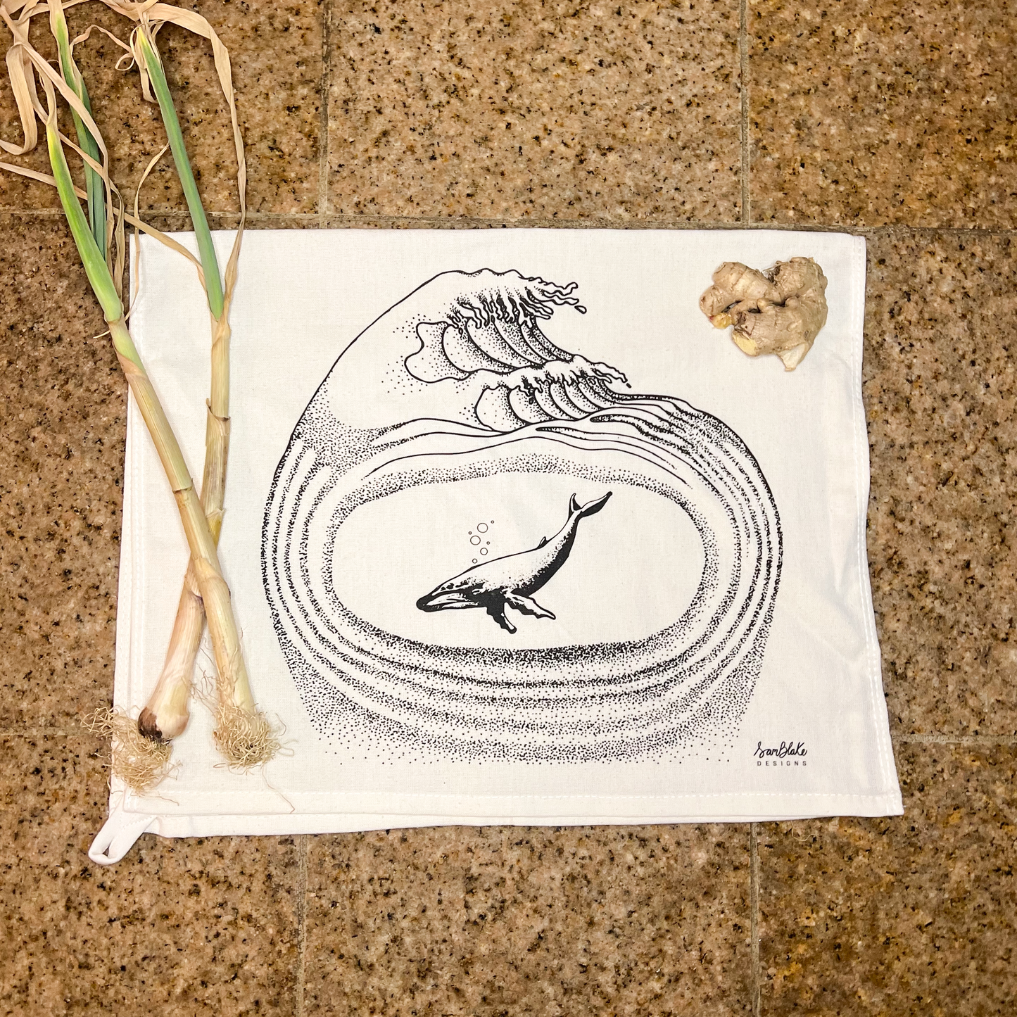 Whale and Wave- Tea Towel