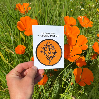 Iron-on California Poppy displayed with vibrant poppies in the background